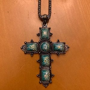 Hand painted, long necklace w large cross pendant